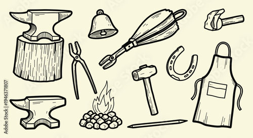 Blacksmith Tools and Equipment Collection Vintage Style Illustration