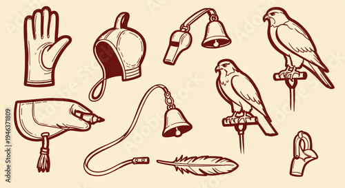 Vintage Falconry Equipment and Birds of Prey Illustration