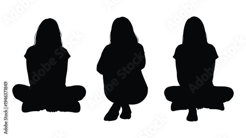 Three silhouettes of women seated with legs folded facing forward