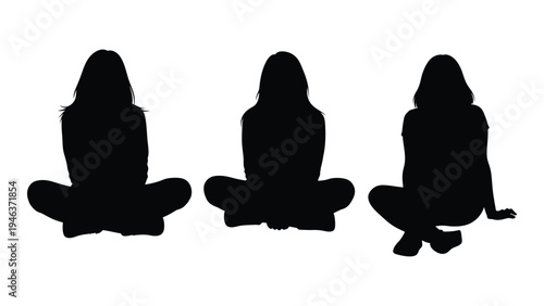 Three silhouetted women are seated cross legged facing forward in a minimalist style