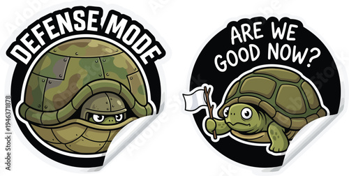 A set of funny, cute sticker designs featuring cartoon turtles in various humorous situations, from defense mode to surrender