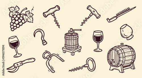 Collection of wine making tools and ingredients vintage illustration