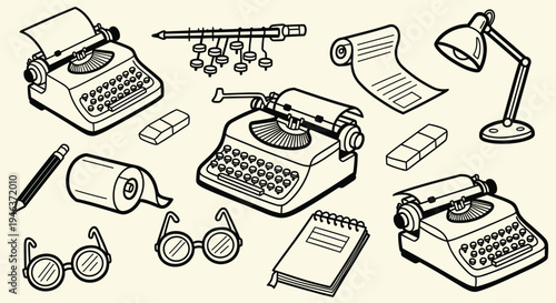 Vintage Writing Tools and Office Supplies Collection on Cream Background