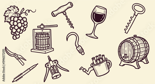 Vintage Wine Making Tools and Ingredients Collection Hand Drawn Illustration