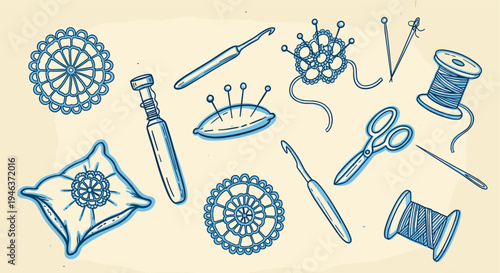 Crochet Craft Supplies and Finished Doilies Collection Vintage Style Illustration