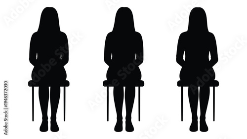 Three silhouetted figures are seated on simple chairs facing forward