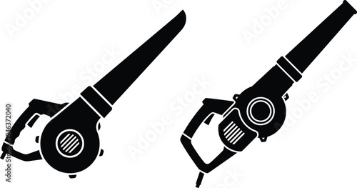 Black silhouette icons of two leaf blower tools on white background with yard work with power tool
