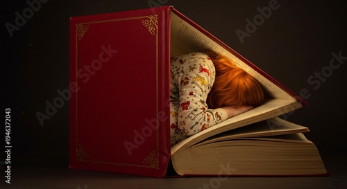 Open vivid red book beautifully lit reveals a charming fabric doll creating a warm imaginative story.. AI Generated