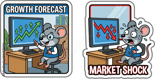 Funny and cute sticker cartoon depicting two business mice, one optimistic about growth forecast, the other in shock from market decline in an office.