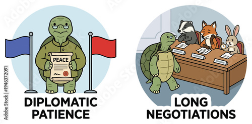 Cute and funny sticker illustrations capturing the essence of diplomatic patience and long, drawn-out negotiations among various anthropomorphic animal characters.