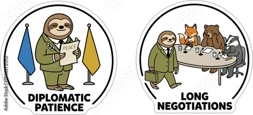 Funny cute sticker illustrating geopolitics diplomatic patience and long negotiations with anthropomorphic animals.