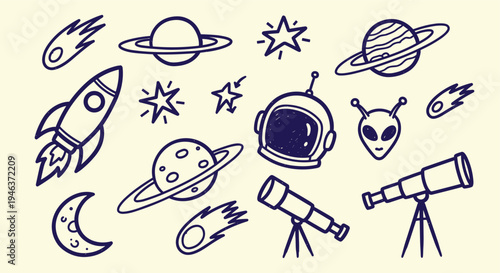 Doodle Space Elements Collection Rocket Planets Stars Telescope Alien Spaceship Moon