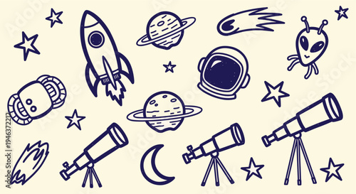 Doodle space exploration elements with rocket astronaut alien telescope and planets