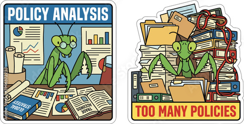 Funny cute sticker art: A praying mantis cleverly handles policy analysis then gets swamped by too many documents.