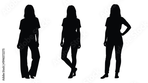Three female silhouettes stand against a white background each in a different pose