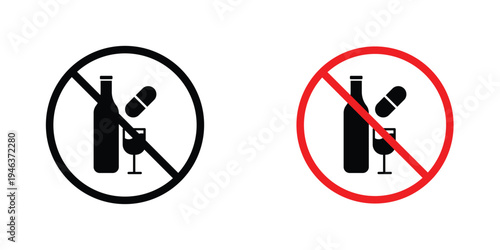 No drugs or alcohol signs in line art style on white background for graphic and web design.