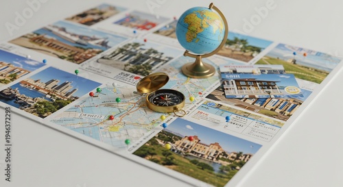 Neatly arranged travel planning flat lay with a miniature globe compass and multiple vibrant destination photos for journeys. AI Generated