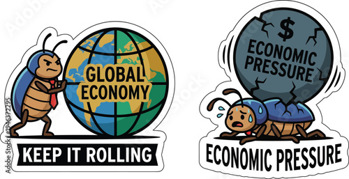 Funny cute cartoon sticker illustration of bugs navigating global economic challenges and pressures, showcasing effort and struggle in a business context.