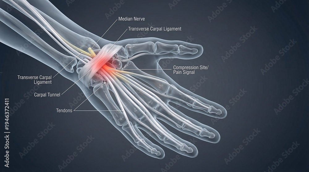 Naklejka premium 3D Transparent Wrist Anatomy Highlighting Median Nerve Compression in Carpal Tunnel Syndrome