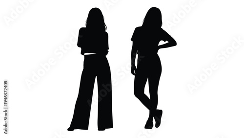 Two women in silhouette pose with hands on hips displaying fashionable attire