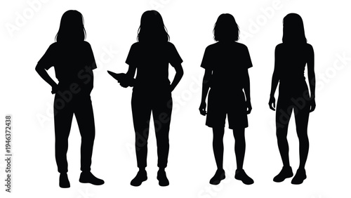 Four silhouetted women standing in a row each with different poses and hair styles