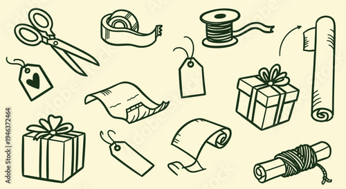 Gift Wrapping Supplies And Presents Hand Drawn Sketch Elements For Celebration And Holidays