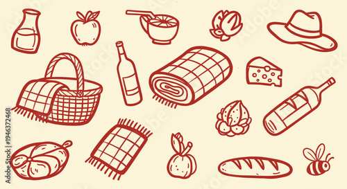 Hand drawn picnic essentials arranged on a light background with a bee and fruit
