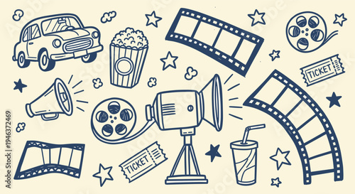 Retro movie night elements like film reel, camera, car, popcorn, ticket and soda cup on a cream background