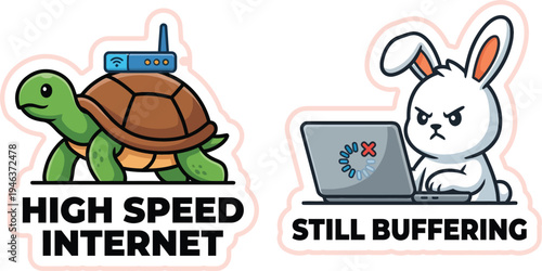 Funny sticker collection featuring a cute turtle with a router and a buffering bunny, illustrating slow internet frustration.