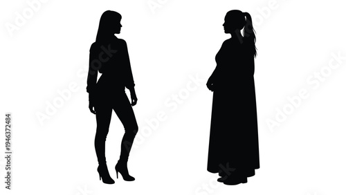 Two women in silhouette converse one visibly pregnant against a white background