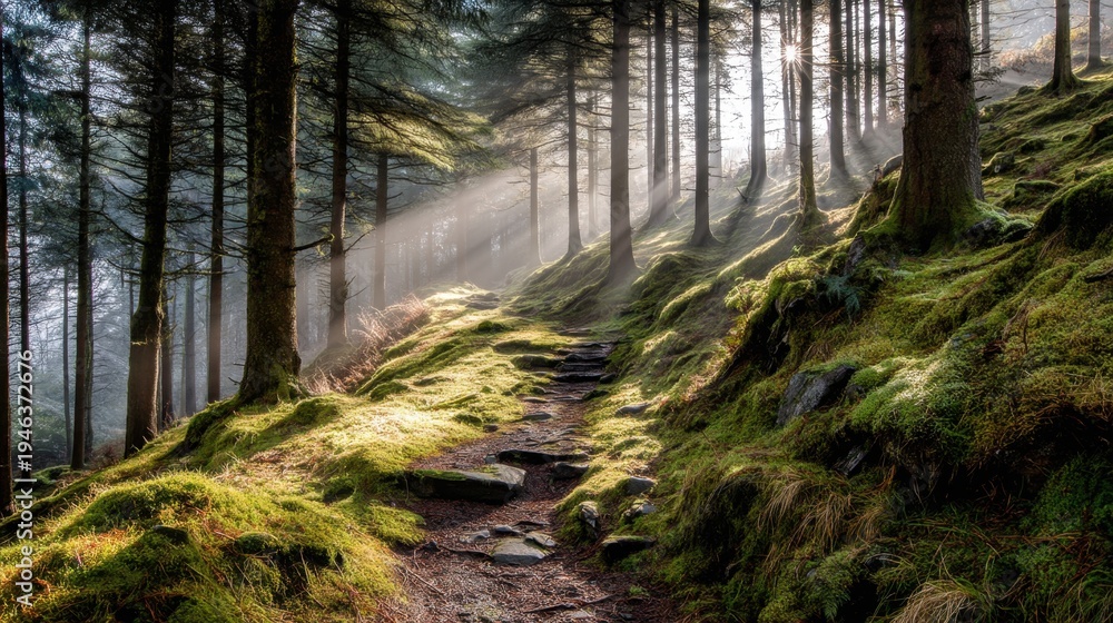 Obraz premium Serene Forest Pathway Surrounded by Lush Greenery and Enlightening Sunlight Filters Through Tall Trees