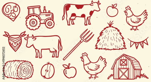 Farm life illustration with tractor, animals, barn and hay bales