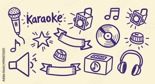 Karaoke Party Doodle Elements Collection Microphone Speaker Headphones Music Notes Vinyl Record