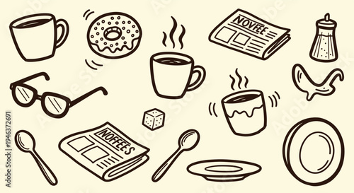 Doodle Art Collection of Coffee Break Items and Morning Essentials