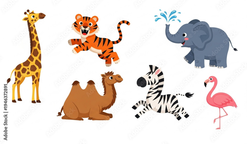 Obraz premium Playful tropical wildlife animals cartoon vector illustration with giraffe tiger elephant camel zebra flamingo cute kids characters isolated on white