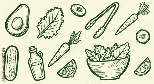 Hand drawn healthy salad ingredients and dressing bottle in sketch style on beige background
