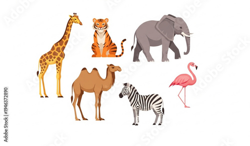 African safari animals flat vector collection with giraffe tiger elephant camel zebra flamingo tropical wildlife characters isolated on white
