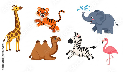 Playful tropical wildlife animals cartoon vector illustration with giraffe tiger elephant camel zebra flamingo cute kids characters isolated on white