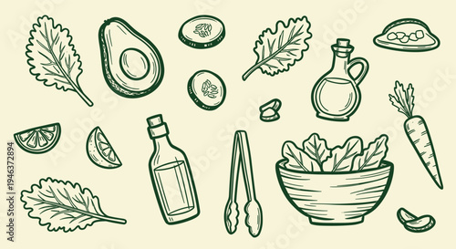 Hand drawn salad ingredients and cooking utensils on a light background
