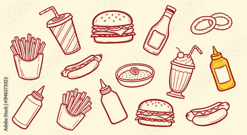 Hand Drawn Fast Food Collection With Drinks and Condiments