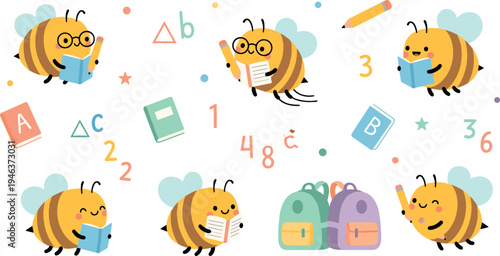 Cute school bees cartoon characters reading books and studying with letters, numbers, pencils and backpacks, adorable education themed illustration for kids learning