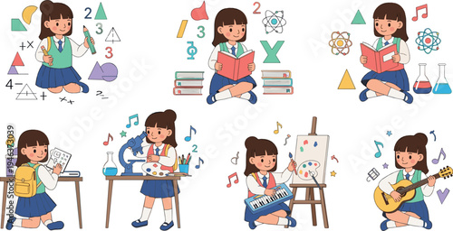 Cute schoolgirl student activities set reading drawing science music and learning creative classroom vector illustration collection