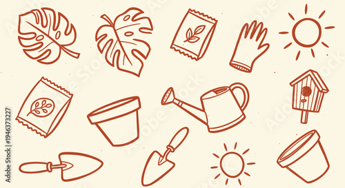 Gardening tools and plants illustration for spring and summer planting season