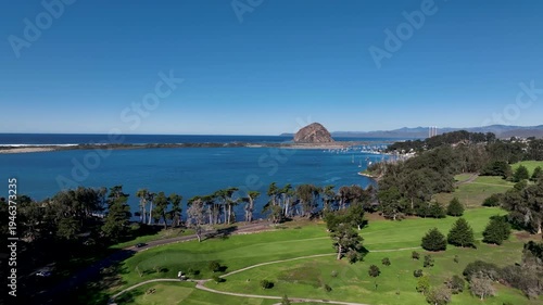 Aerial view Morro Bay at sunrise, California, USA. Moro Rock is a granite dome rock formation in Sequoia National Park, California, United States.
