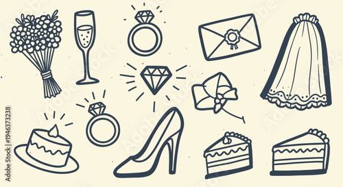 Wedding celebration doodles elements bouquet champagne rings cake and veil isolated on cream background