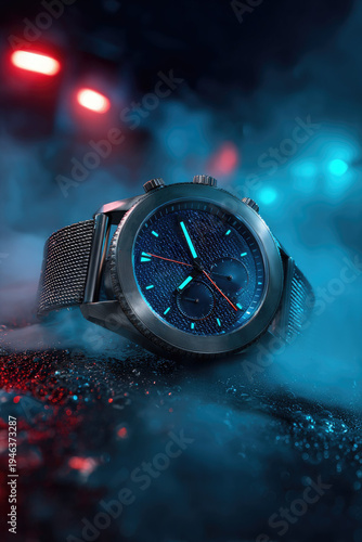 Modern luxury wristwatch on a dark surface with colorful neon blue and red lights reflection, urban night lifestyle, high-end accessory. Vertical orientation.