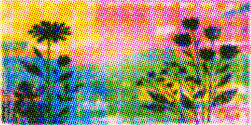 An artistic watercolor painting of abstract colorful flowers features a grunge texture and vintage brush strokes with vibrant orange and yellow ink on a dirty paper landscape wallpaper backdrop