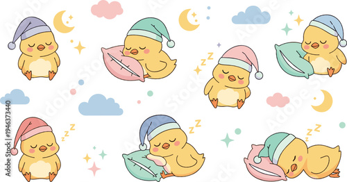 Cute sleeping chick characters with pillows, moon and stars, adorable kawaii baby birds bedtime cartoon illustration set for kids nursery design