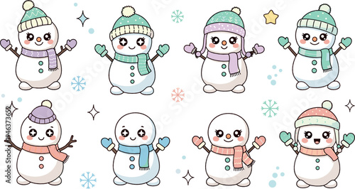 Cute snowman characters wearing winter hats and scarves, adorable kawaii Christmas snow figures with snowflakes cartoon illustration set
