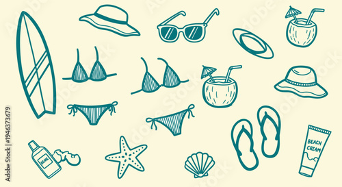 Summer Beach Holiday Essentials Collection Hand Drawn Doodle Style Vector Illustration